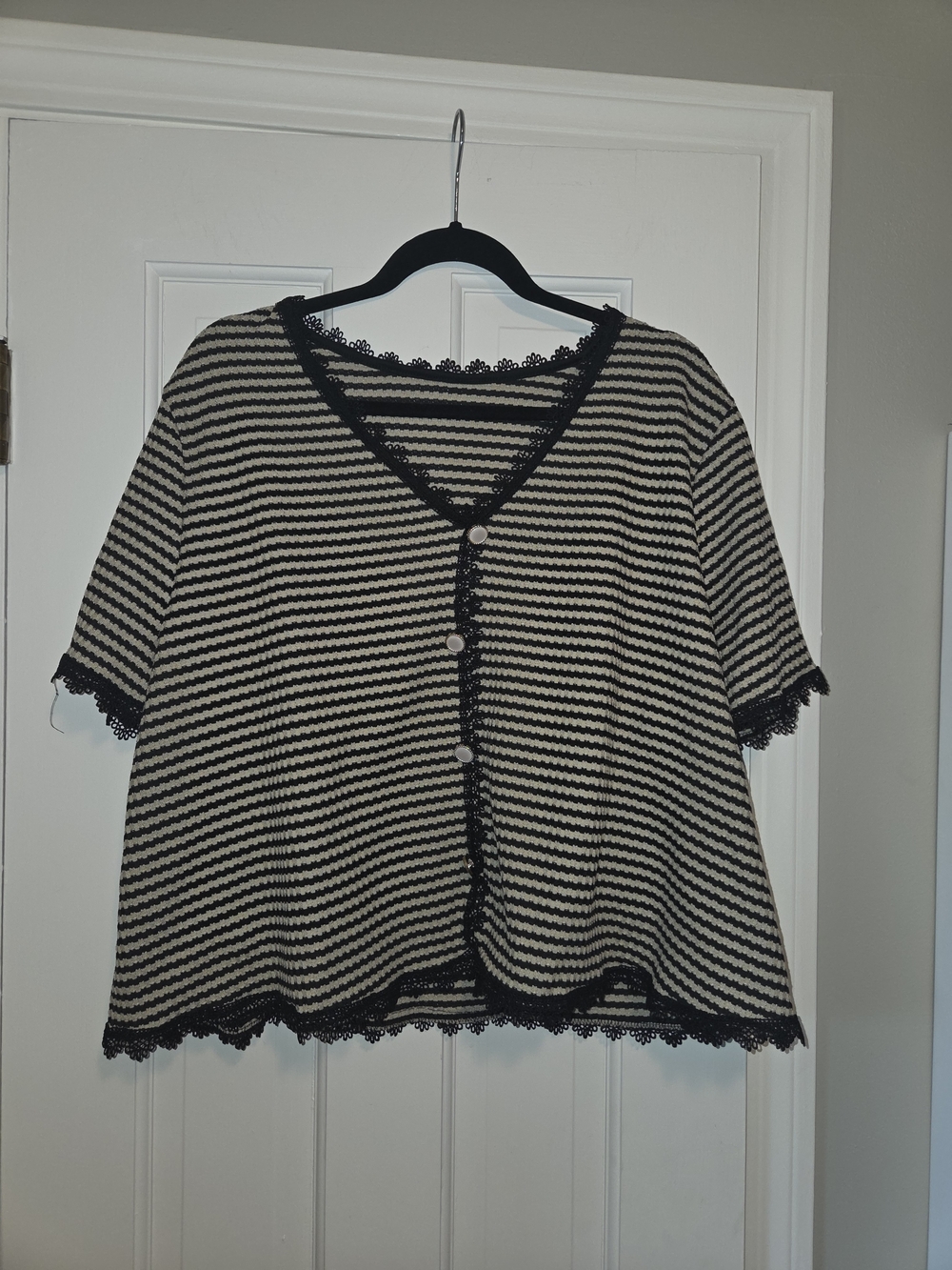 Striped Lace-Trim V-Neck Button Cardigan - Black & Cream Women's Size 2X
